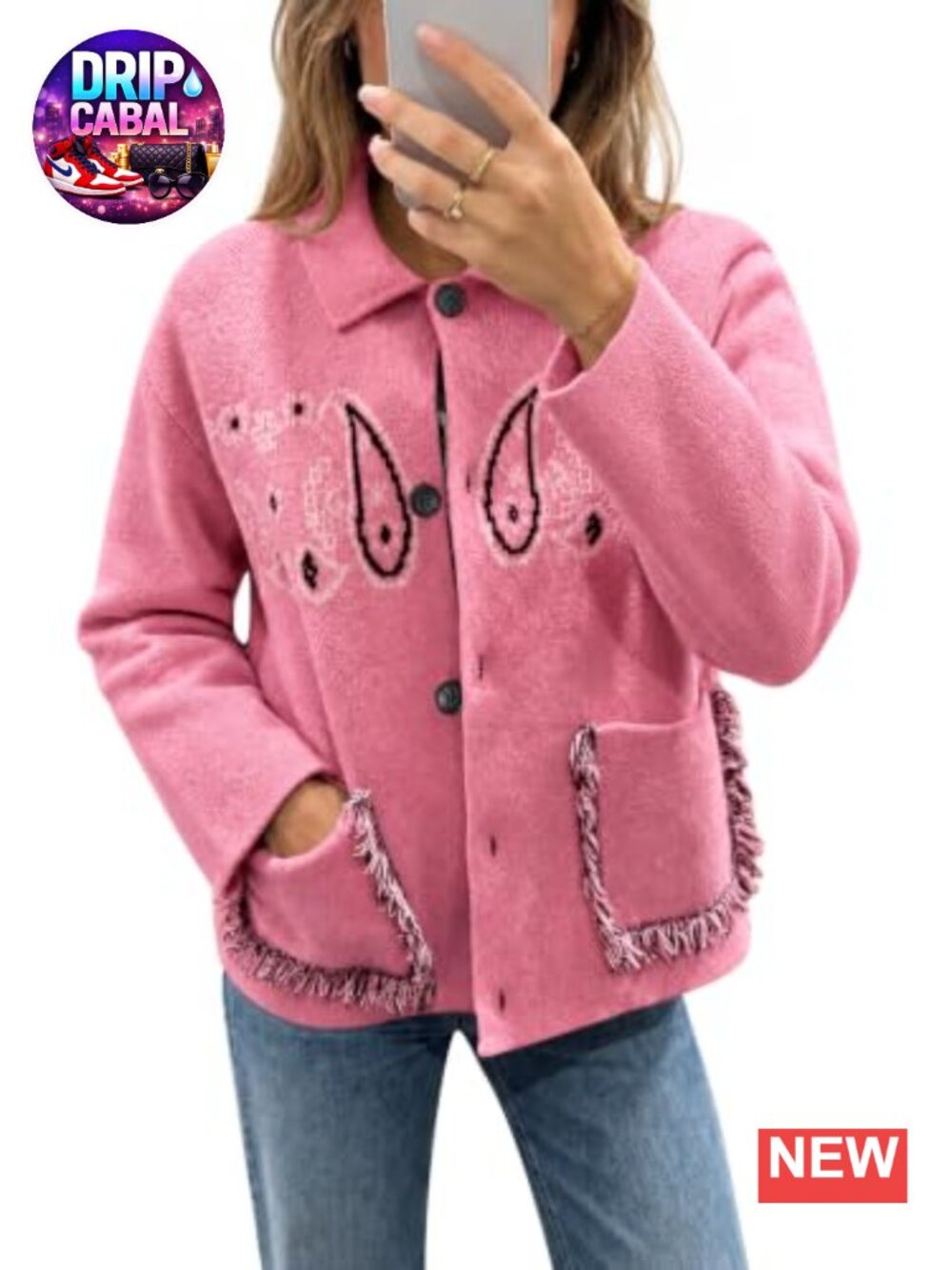 Womens Boho Knit Cardigan Fringe Paisley Button Sweater Pockets Fall